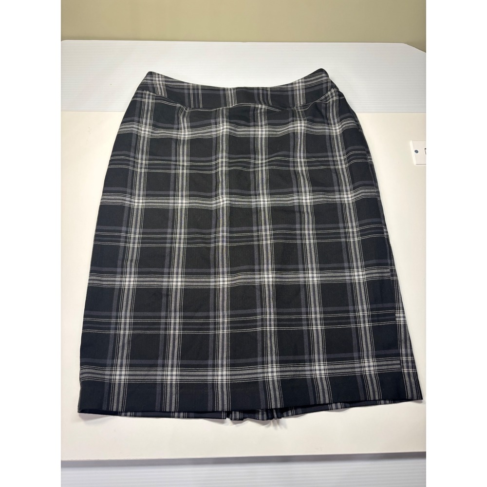 Harve Benard Black Grey Plaid Pencil Skirt Back Pleat Button Detail Size 8